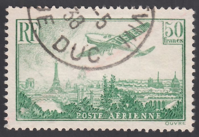 France 1936 - Plane flying over Paris. 50 f. green-yellow. - Yvert, 14