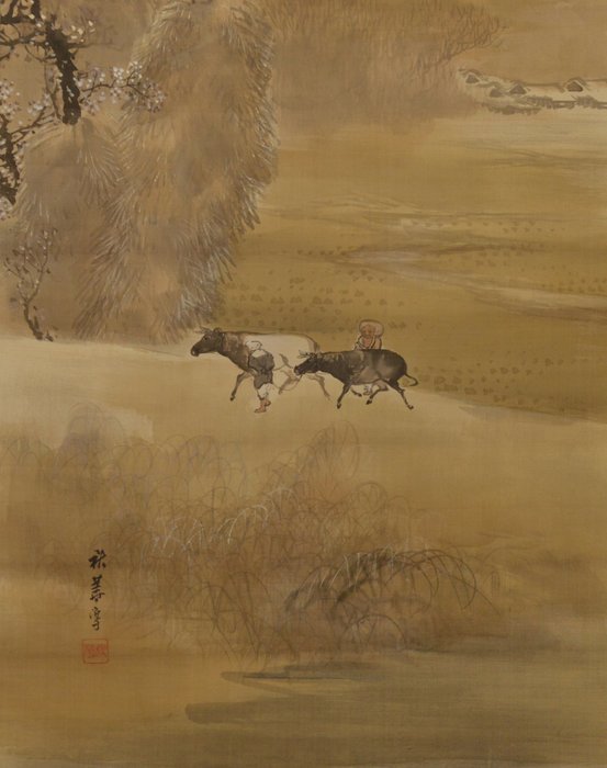 Hanging scroll (2) - Silk and Wooden shaft head - Takahashi Shuka (1877-1952） - Dreamy autumn scenery and cattlemen - Signed Shūka 秋華 - Japan - Early 20th century