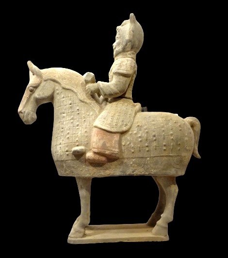 Chinois ancien Céramique - Grand cavalier et cheval - guerrier - Tang Dynasty 618/907 AD - intact - h 49 cm