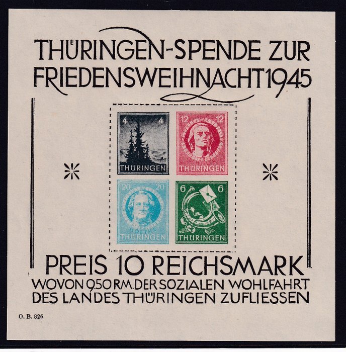 Alliierte Besetzung - Deutschland (Sowjetzone) 1945 - Thüringen. Weihnachts-Block auf weißem Cardboard paper - Michel: 2 x