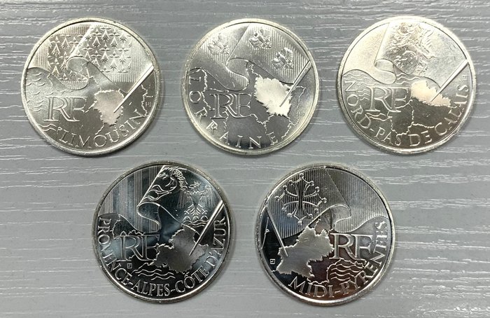 Frankreich. 10 Euro 2010 'Régions' (5 pieces), Lorraine, Limousin, Midi-Pyrénées, Nord-Pas-de-Calais, Provence (PACA).