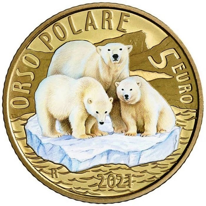 Italien. 5 Euro 2021 Proof "Animali in via di Estinzione - Orso Polare" COLORATO