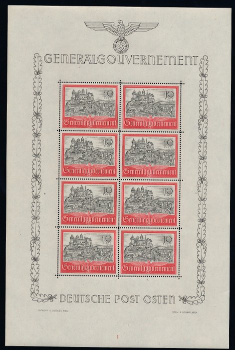 Generalgouvernement 1941 - Castle and city of Krakow, miniature sheets of 10 zloty with form number 1 and Copernicus miniature - Michel Nr. 65 (25) Klbg. & 104 (8) Klbg.