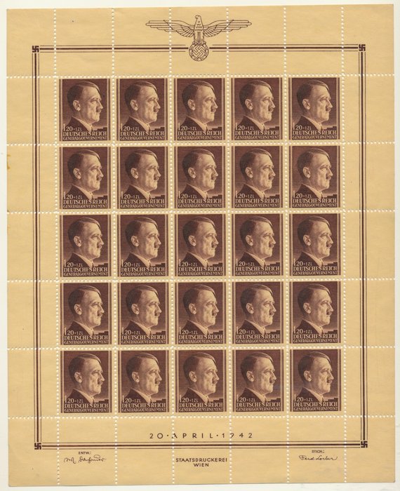 Generalgouvernement 1944 - 53rd Birthday of Adolf Hitler, 3 complete print sheets with complete sheet margins - Michel Nr. 89/91 (25) Klbg.