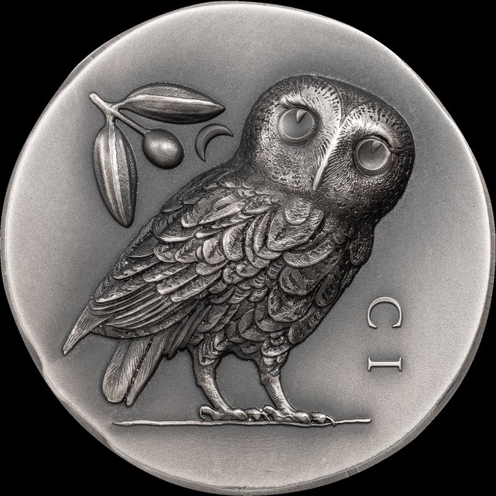 Cook Islands. 5 Dollars 2021  Owl of Athena 1 Oz