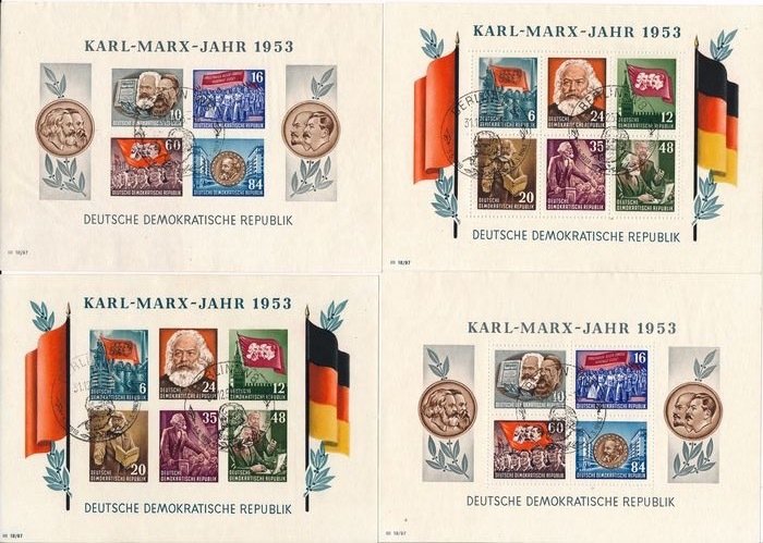 GDR 1953 - “Karl-Marx-Jahr” (Karl Marx Year), all 4 block issues, perforated/imperforate, with commemorative