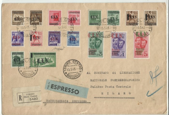 Italy Kingdom 1945 - CLN - Turin, express registered mail with 17 values of the set - Unificato NN. 1/17