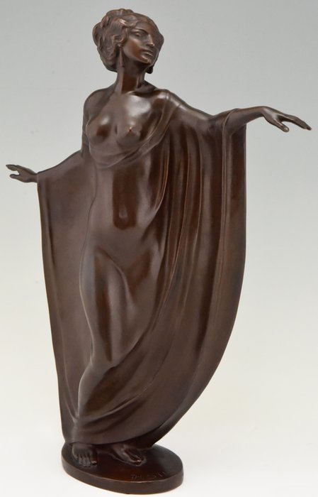 Theodor Stundl – Gieterij stempel, Weens brons – Art Nouveau bronzen sculptuur danseres in lang gewaad