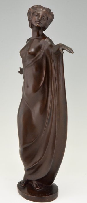 Theodor Stundl – Gieterij stempel, Weens brons – Art Nouveau bronzen sculptuur danseres in lang gewaad