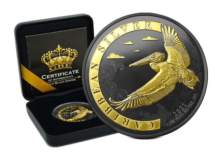 Barbados. 1 Dollar 2021 Caribbean Silver Pelican Gold Black Empire Edition in Box - 1 Oz