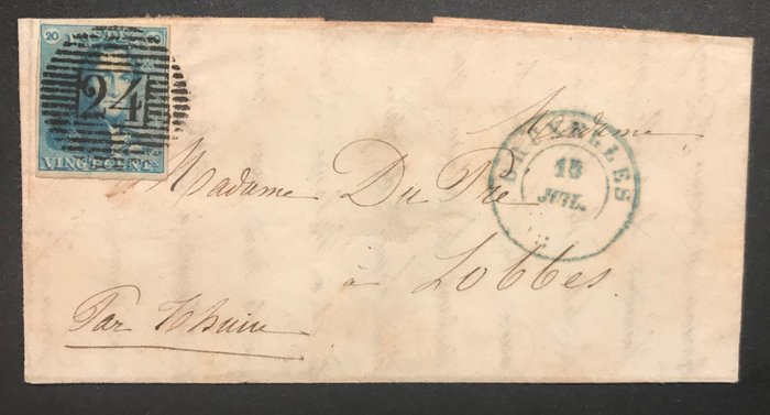 België 1849 - Epaulet 2 - 20 c Blauw - op EERSTE MAAND brief Brussel-Lobbes - OBP 2