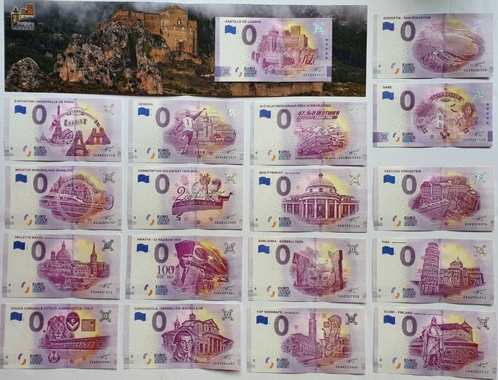 World - European Union - 18 x 0 Euro Souvenir banknotes 2018/2021 Díptico "CASTILLO LOARRE"