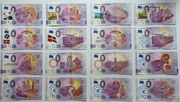 European Union - 16 x 0 Euro Souvenir banknotes 2018/2021 "SPECIAL, Stamp, Tampón, Sticker"