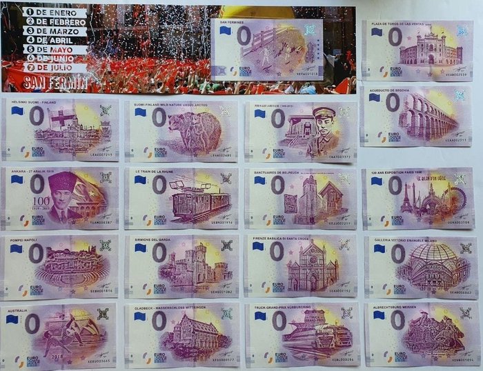 World - European Union - 18 x 0 Euro Souvenir banknotes 2017/2021 Díptico "SAN FERMINES"