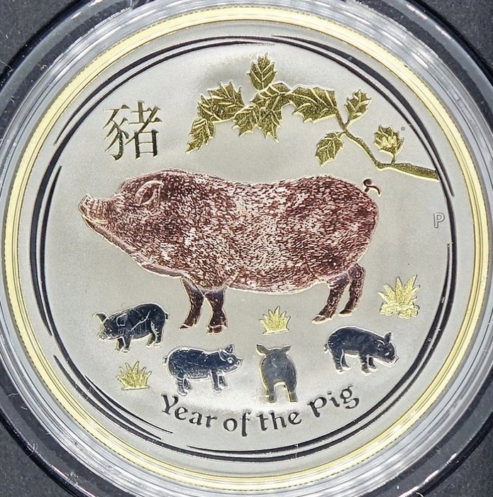 Australia. 1 Dollar 2019 'Lunar Year of The Pig - Gold Exlusive Multiplating - Number 141' - with Box and Certificate
