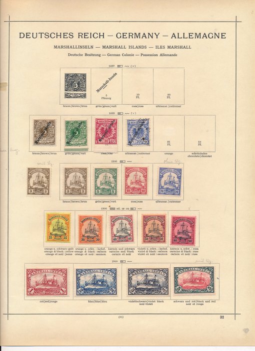 German colonies "Marshal Islands" 1890/1915 - Old collection on album pages with 1 - 5 Mark "Kaiseryacht" - und einer Ganzsache