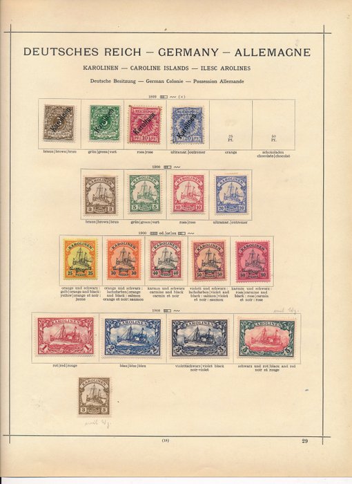 German colonies "Karolinen" 1890/1915 - Old collection on album pages with 1 - 5 Mark "Kaiseryacht"