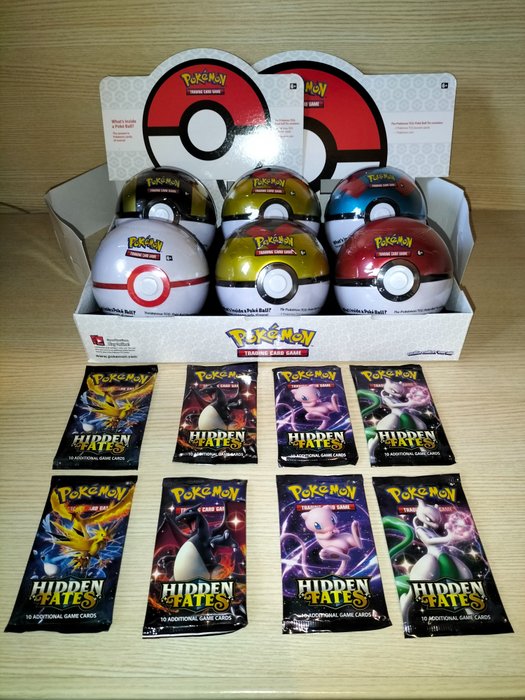 The Pokémon Company - Pokémon - Verzameling 6 Pokeball tin B20 sealed (5 DIVERSE) + 2 artwork completi Hidden Fates sealed con Charizard