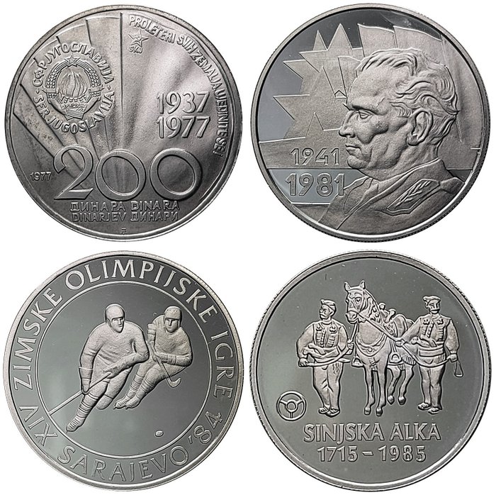 Joegoslavië. 100 + 150 + 200 + 1000 Dinara 1977-1978-1982-1985 Commemorative (4 pieces)