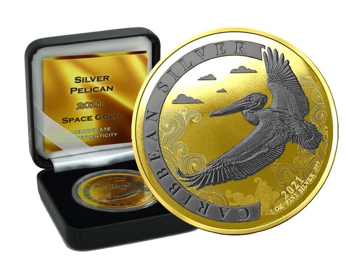 Barbade. 1 Dollar 2021 Caribbean Silver Pelican Gold Space Edition in Box - 1 Oz