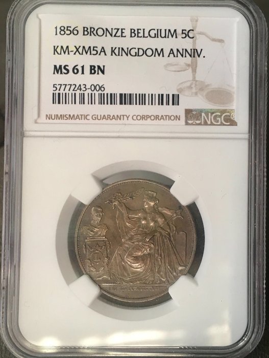 Belgium. Leopold I (1831-1865). 5 Cents Module 1856 Brons Vlaams in NGC slab MS61