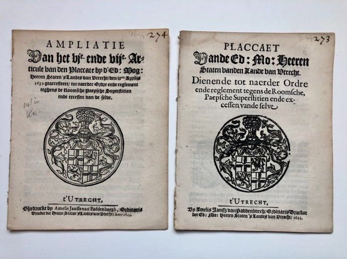 Utrecht - Reglement tegen Roomsche, Paepsche Superstitien - 1644