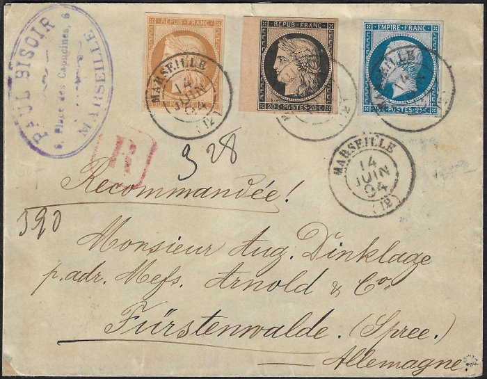 Frankrijk 1894 - Exceptional postage reprints from 1862 on envelope - Yvert et Tellier n°1f + 3f + 15c