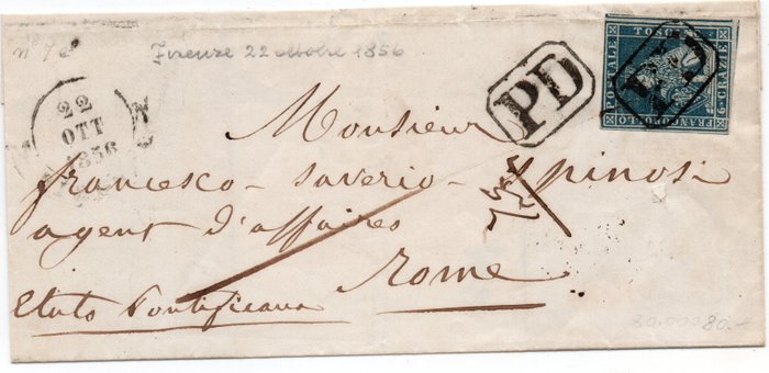 Italy Kingdom 1851/1852 - 6 crazie, slate on grey - Sassone TOSCANA, 1851-1852 n°7