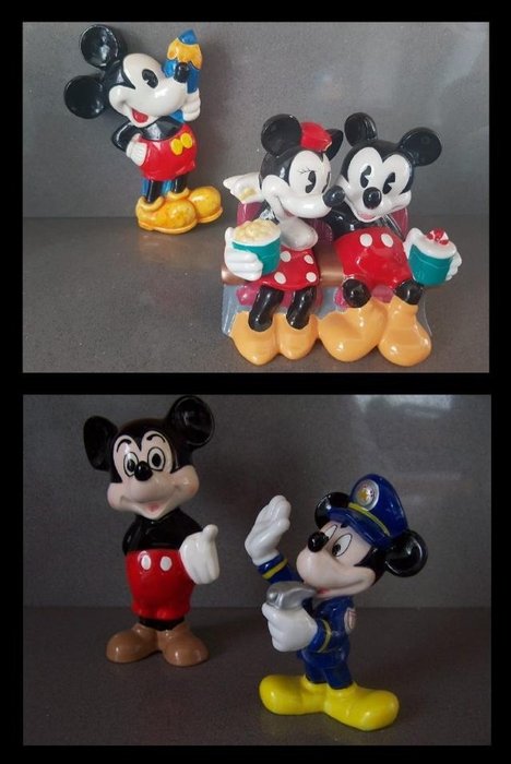 Mickey Mouse - 4 Porselein beeldjes - Verliefde Mickey en Minnie - Mickey met potlood - Mickey als politieagent - Mickey WDP
