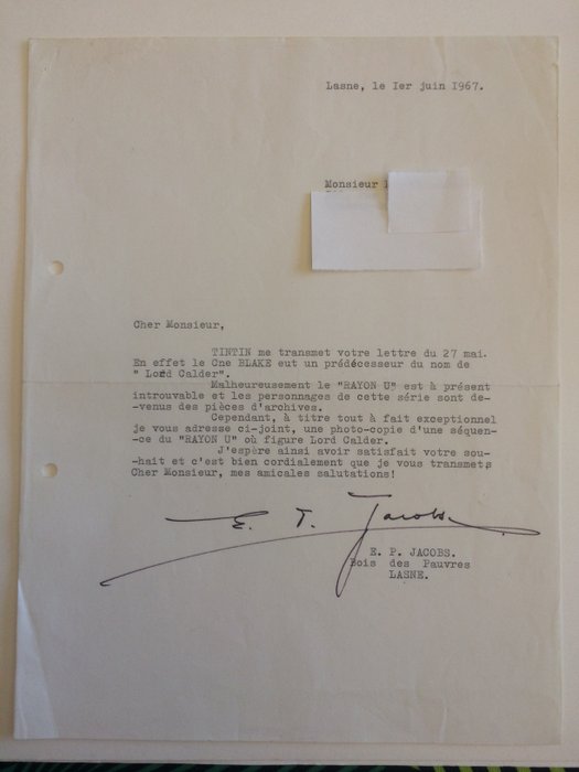 Jacobs, E. P. - Lettre dactylographiée avec signature originale - Rayon U - (1967)