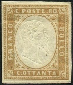 Italian Ancient States - Sardinia 1858 - 80 cents bistre orange. - Sassone N. 17b