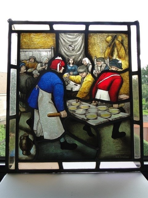C. van der Velden - Prachtig antiek glas in lood raam (35x31cm) - Glas-in-lood