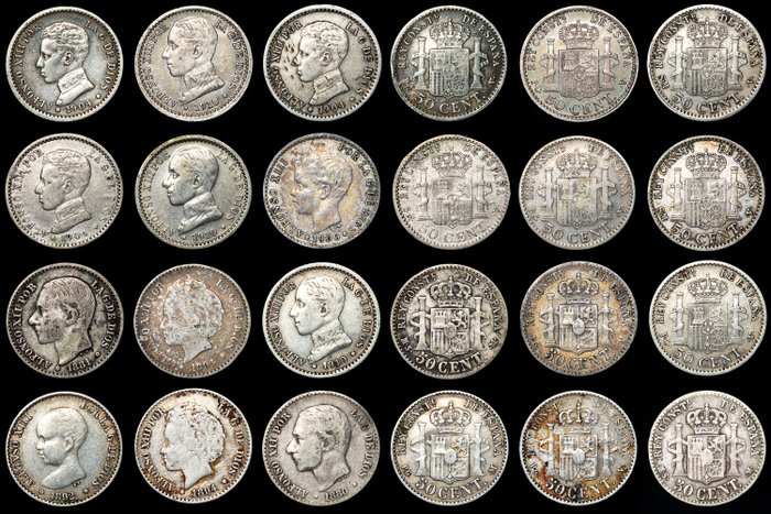Spain. 50 centimos 1880/1910 Alfonso XII y Alfonso XIII Madrid (12 pieces)