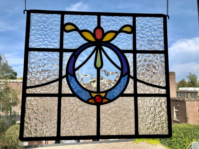 Oude Art Deco  raamhanger met geometrische patronen - Glas-in-lood
