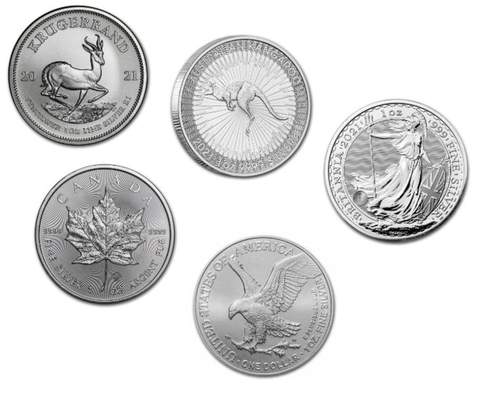 Monde. 5 Münzen 2021 "Krügerrand + Känguru + Britannia + Maple Leaf + Silver Eagle Typ 2" - 5 x 1 Oz