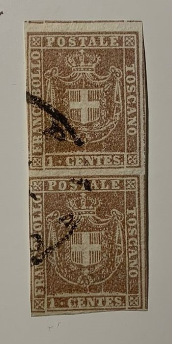 Italian Ancient States - Tuscany 1860 - 1 cent lilac brown, vertical pair - Sassone N. 17b