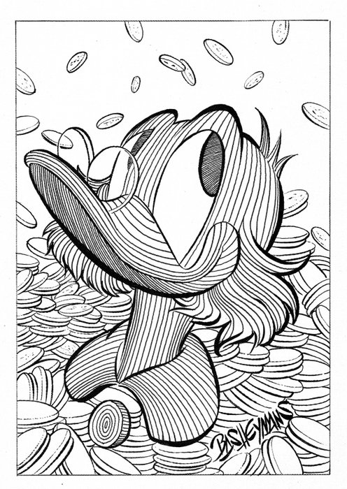 Bas Heymans - Originele tekening - "Dagobert Duck close up met geld" - Page volante
