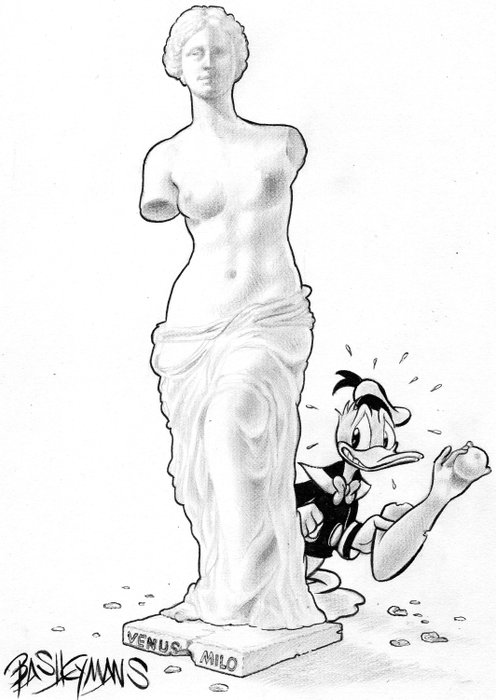 Bas Heymans - Originele tekening - "Donald Duck met Venus van Milo" - Page volante