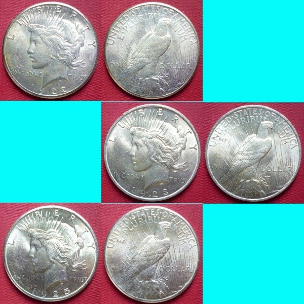 États-Unis. 1 Dollar (Peace) 1922 San Francisco, 1923 & 1925 Philadelphia (3 coins)