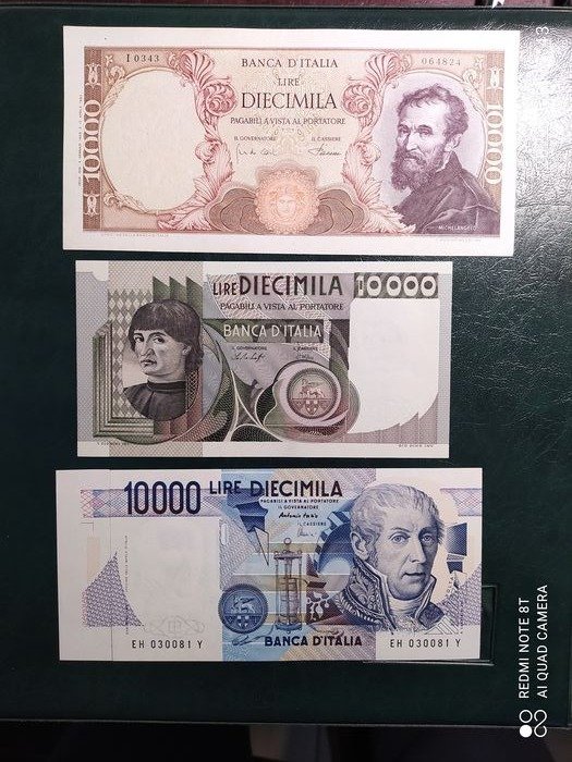 Italia - 3 x 10.000 lire - Michelangelo/ Macchiavelli/ A.Volta Matrice Farfalla 1968/1978/1998