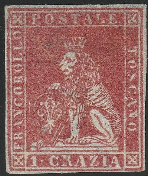 Anciens états italiens - Toscane 1851 - 1st issue 1 crazia carmine with good margins, mint, rare and certified - Sassone n.4d