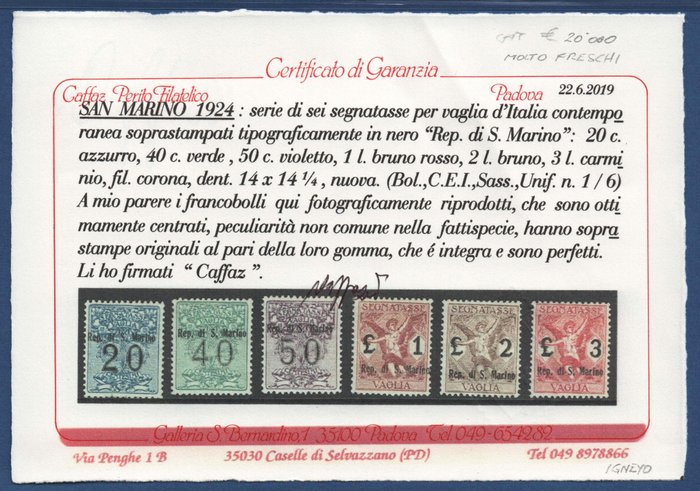San Marino 1924 - San Marino 1924 - set of 6 values MNH, postage-due stamps for postal order, overprinted - excellent - Sassone S.901