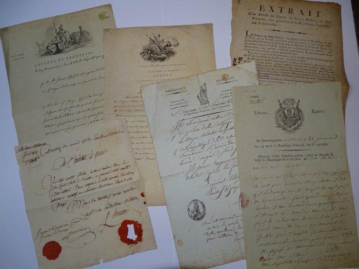[Révolution Française - Belgique] - Ensemble de 6 documents révolutionnaires concernant la Belgique [avec 2 passeports Empire] - 1795/1796