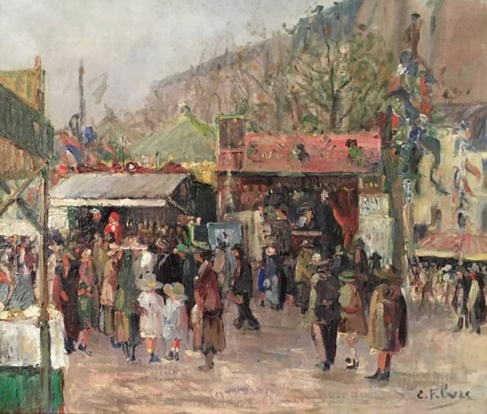 Edouard Febvre (1885-1967) - Schilderij, Eerlijke scène in Parijs