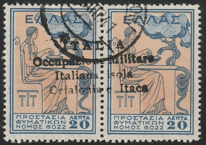Professions - Céphalonie et Ithaque 1941 - Handmade issue of Argostoli, charity 20 + 20 l. in pairs, used, very rare, certified - Sassone n.83