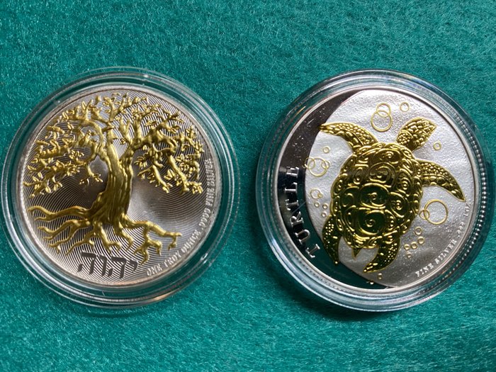 Niue - 2 Dollars 2021 - Meeresschildkröte, Lebensbaum - 1 oz. Silber, gold plated - 2 Münzen.