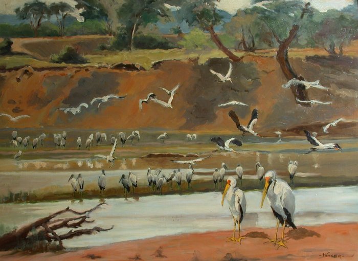 Gottfried Hinker (1952) - Afrikanische Savanne mit Störchen