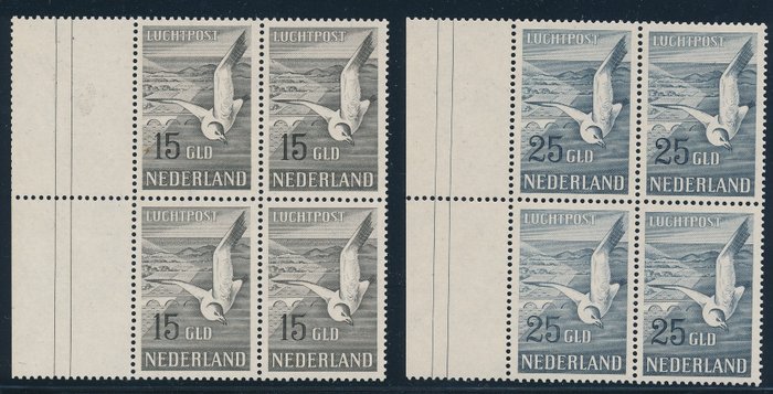Pays-Bas 1951 - Airmail Seagulls, in blocks of four - NVPH LP12/LP13