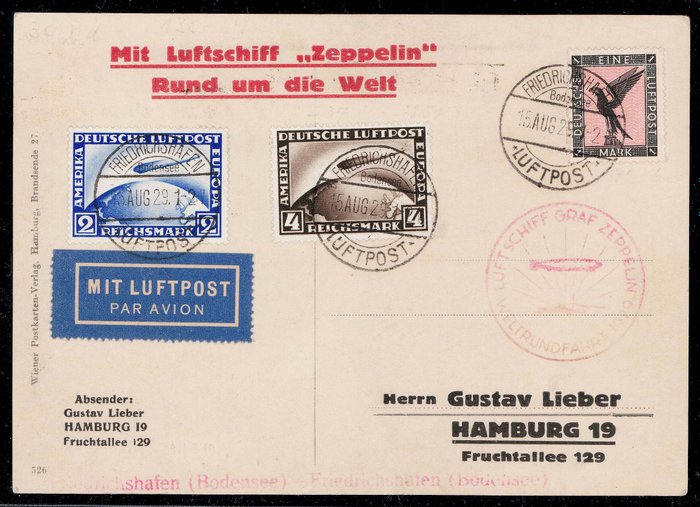 Duitse Rijk 1929 - Airship Graf Zeppelin World Tour 1929 2 postcards of different stages