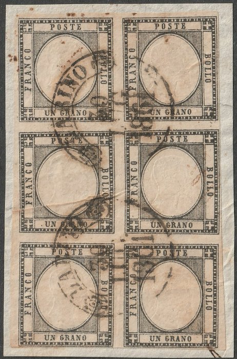 Königreich Italien 1861 - Neapolitan Provinces 1 gr., block of 6 with good margins, used in Larino, very rare and certified - Sassone n.19
